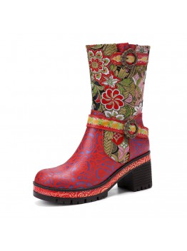 Socofy Women Retro Floral Printing Leather Soft Comfy Chunky Heels Mid  calf Boots
