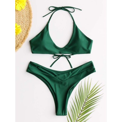 Women Green Halter String Backless Hot Thong Bikini
