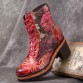 Socofy Women Genuine Leather Colored Flowers Pattern Round Head Mid  tube Boots