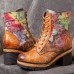 Socofy Women Genuine Leather Colored Flowers Pattern Round Head Mid  tube Boots
