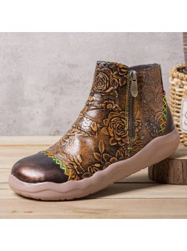 Socofy Women Genuine Leather Floral Pattern Colorful Stitching Ankle Boots