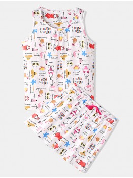 Plus Size Women Funny Cartoon Print Home Sleeveless Softies Vest Pajama Set