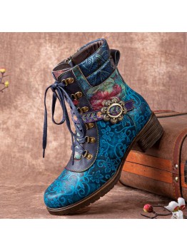 Socofy Women Retro Floral Printing Leather Comfy Lace Up Chunky Heels Mid  calf Boots