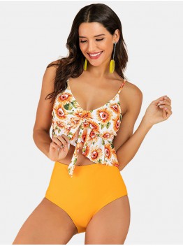 Women Floral Print Ruffles V  Neck Spaghetti Straps Hot High Waist Bikini