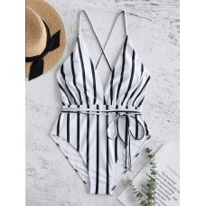 Plunge V Neck Swimwear Cross Criss Backless String One  Pieces