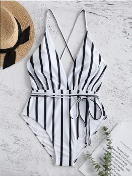Plunge V Neck Swimwear Cross Criss Backless String One  Pieces