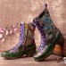 Socofy Women Retro Floral Embroidery Printing Leather Comfy Chunky Heels Mid  calf Boots