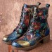 Socofy Women Retro Floral Printing Leather Comfy Chunky Heels Lace Up Mid  calf Boots