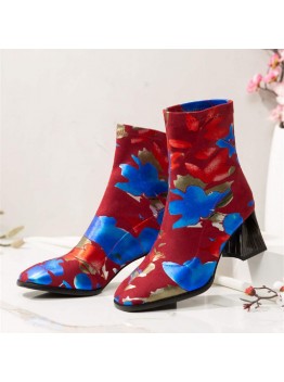 SOCOFY Fashion Flowers Printed Suede Warm Lined Elastic Slip On Chunky Heel Short Boots