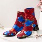 SOCOFY Fashion Flowers Printed Suede Warm Lined Elastic Slip On Chunky Heel Short Boots