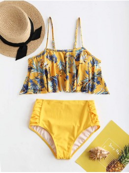 Plus Size High Waist Flora Printed Spaghetti Strap Backless Bikinis Swimwear