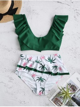 Floral Printed High Waist Sleeveless Ruffle Backless Tankinis Swimwear