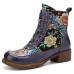 SOCOFY Genuine Leather Round Toe Print Design Vintage Polished Chunky Ankle Boots