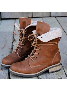 Large Size Women Comfy Warm Lined Lace  up Casual Brown Tooling Boots