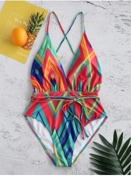 Floral Printed Drawstring Criss Cross Backless Swimwear Chic One  Pieces
