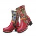 Socofy Women Retro Floral Printing Leather Soft Comfy Chunky Heels Mid  calf Boots