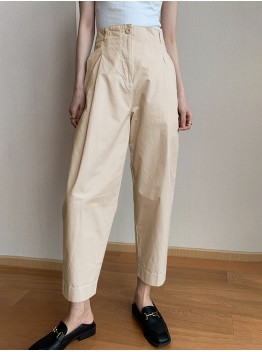 Women Solid Color Pleated Cotton Casual Cropped Pants With Pocket