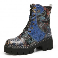 SOCOFY Retro Round Toe Embossing Floral Embroidery Cloth Leather Splicing Wearable Short Boots