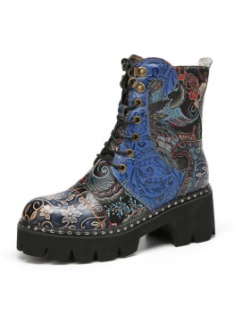 SOCOFY Retro Round Toe Embossing Floral Embroidery Cloth Leather Splicing Wearable Short Boots