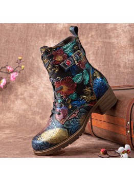 Socofy Women Retro Floral Printing Leather Comfy Chunky Heels Lace Up Mid  calf Boots
