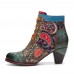 Socofy Retro Paisley Pattern Leather Patchwork Lace  up Design Side Zipper Comfy Low Heel Short Ankle Boots
