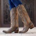 Women Simple Floral Embroidery Printing Leather Comfy Chunky Heels Mid  calf Boots