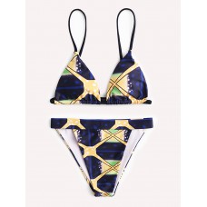 Women Geometric Print Triangle String Backless Swimsuit High Waist Bikini