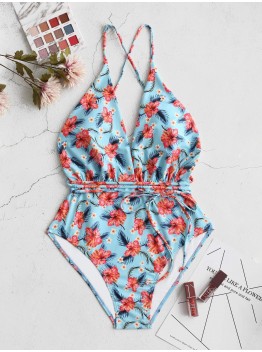 Criss Cross Backless Floral Drawstring Plunge Neck Swimwear