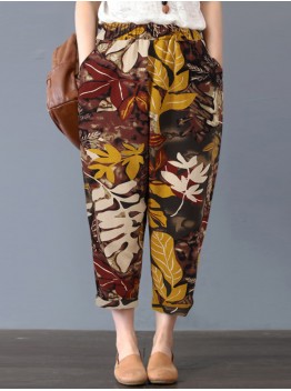 Women Bohemian 100  Cotton Floral Printed Side Pockets Elastic Waist Pants