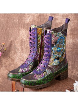 Socofy Women Retro Floral Embroidery Printing Leather Comfy Chunky Heels Mid  calf Boots