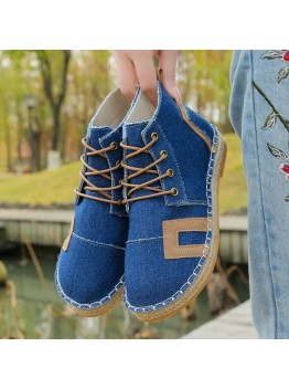 Women Retro Casual Lace  up Comfy Hand Stitching Espadrilles Flat Short Boots