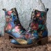 Socofy Women Retro Floral Printing Leather Comfy Chunky Heels Lace Up Mid  calf Boots