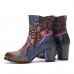 Socofy Bohemian Printed Leather Patchwork Side Zipper Soft Comfy Chunky Heel Ankle Boots