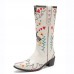 Women Floral Sweet Embroidery Leather Pointy  toe Chunky Heel Mid  calf Knight Boots