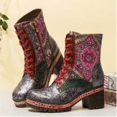 SOCOFY Embossed Floral Genuine Leather Embroidery Splicing Warm Lining Comfy Casual Round Toe Platform Chunky Heel Short Boots