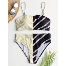 Women Chevron Solid Color Patchwork High Waist Bikini Beach Swimsuit