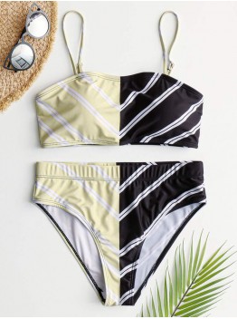 Women Chevron Solid Color Patchwork High Waist Bikini Beach Swimsuit
