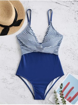 Plunge V Neck Stripe Printed Cross Criss High Waist One  pieces Swimwear