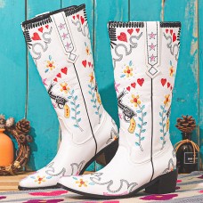 Women Floral Sweet Embroidery Leather Pointy  toe Chunky Heel Mid  calf Knight Boots