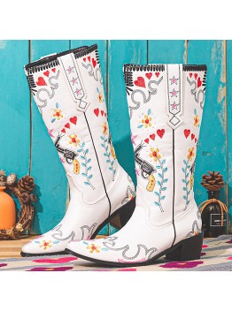 Women Floral Sweet Embroidery Leather Pointy  toe Chunky Heel Mid  calf Knight Boots