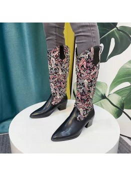 Large Size Women Ethnic Paisley Pattern Back  zip Pointed Toe Chunky Heel Cowboy Boots
