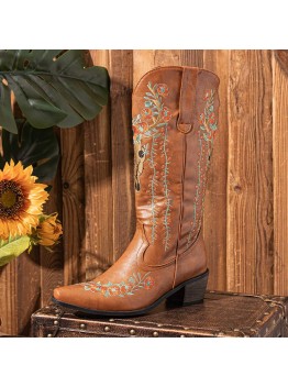 Women Retro Floral Animal Embroidery Leather Pointy  toe V  Cut Chunky Heel Mid  calf Knight Boots