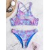 Criss Cross Drawstring Printed Mid Waist Chic Swimwear