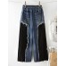 Patchwork Denim Pleated Trousers Stitching Hem Pocket Button Loose Jeans