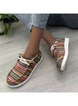 Women Large Size Stripe Printing Leopard Canvas Elastic Band Lace Up Casual Flat Shoes