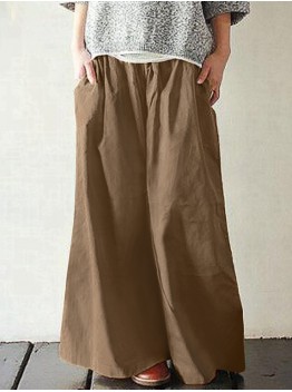 Women Cotton Pocket Elastic Waist Wide Leg Loose Casual Pants