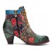 Socofy Retro Paisley Pattern Leather Patchwork Lace  up Design Side Zipper Comfy Low Heel Short Ankle Boots