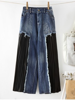 Patchwork Denim Pleated Trousers Stitching Hem Pocket Button Loose Jeans