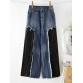 Patchwork Denim Pleated Trousers Stitching Hem Pocket Button Loose Jeans