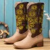 Large Size Women Retro Ethnic Floral Embroidered Comfy Square Toe Chunky Heel Cowboy Boots